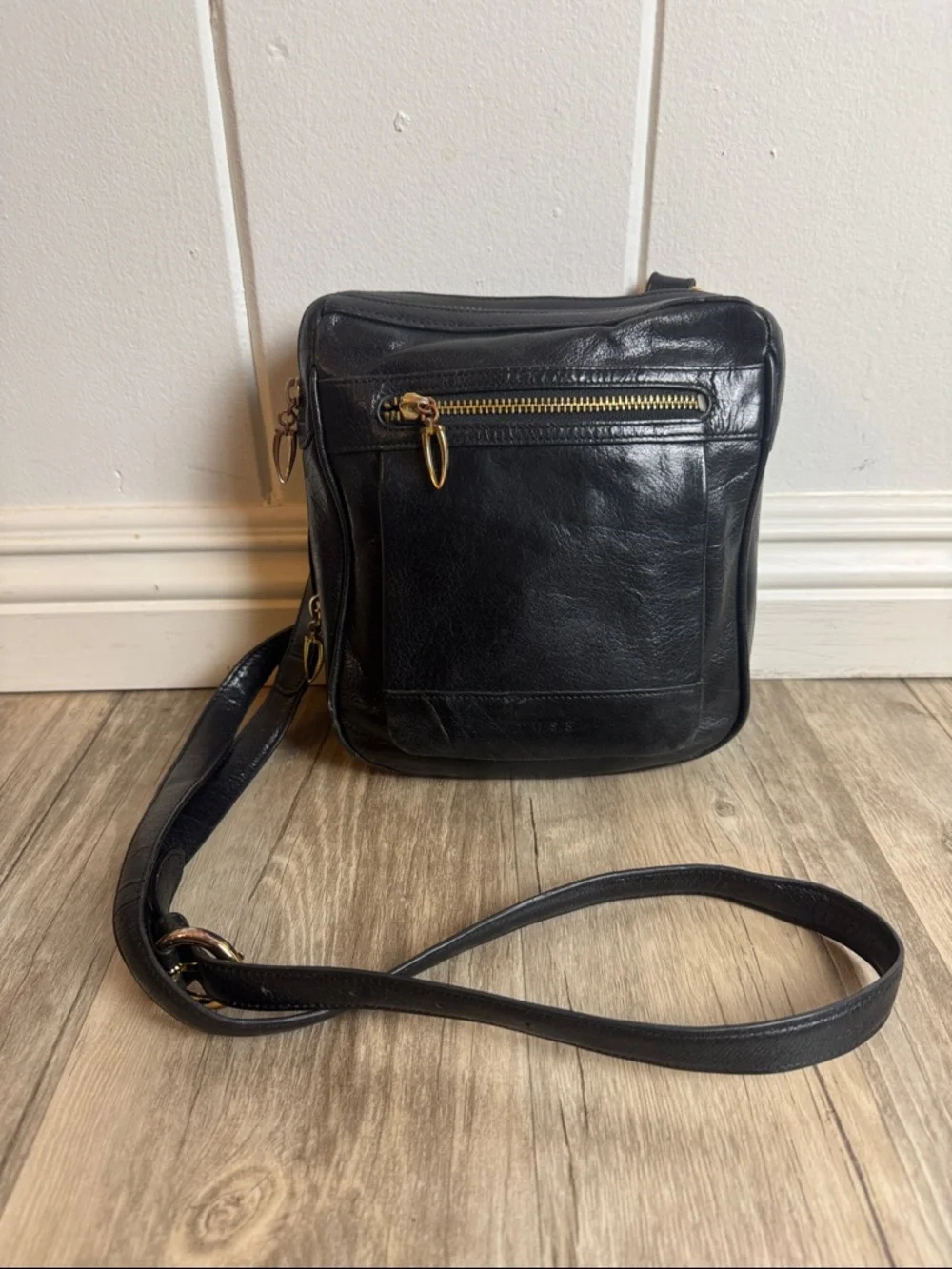 TUSK Black Leather Crossbody Bag Vintage Messenger Gold Hardware